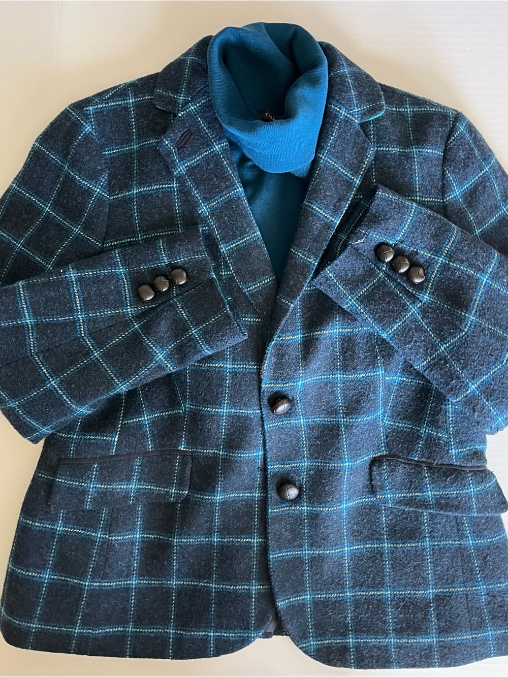 Talbots NWOT Navy Blue Windowpane Blazer with Teal Checks